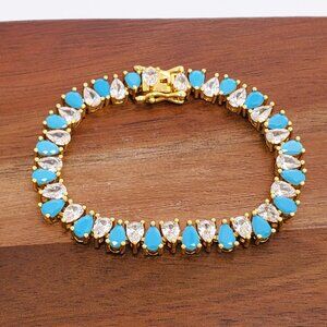 14K Gold 7" Womens 1ct Diamond 2ct Turquoise Gemstone Tennis Bracelet Jewelry